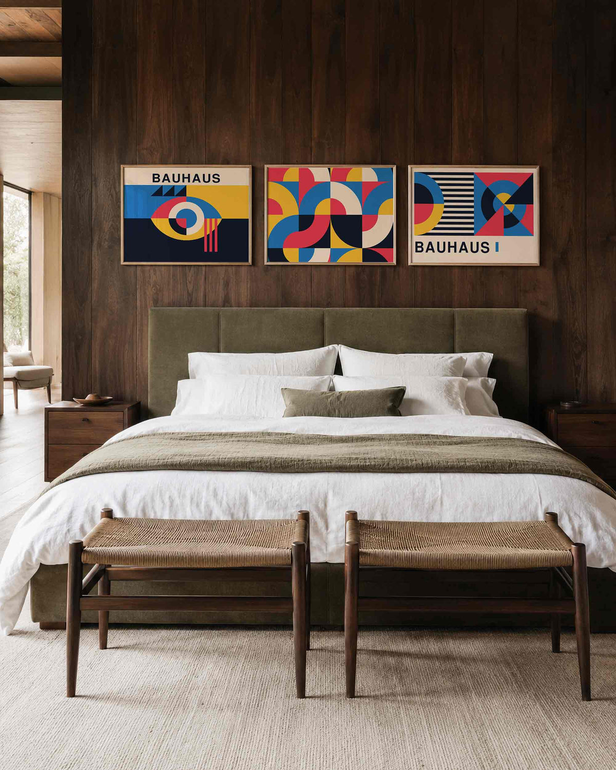 Interieurmockup van drieluik landscape-posterset met cirkels, bogen en kleurvlakken
