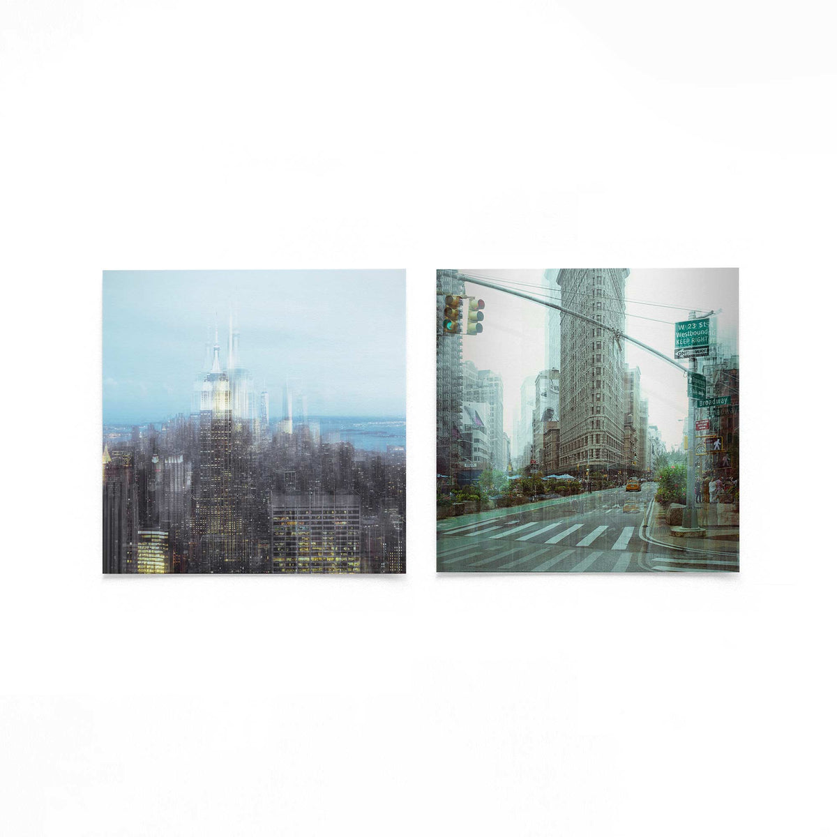 Productfoto van twee vierkante posters met stad in dubbelbeeld – Gerald Emming