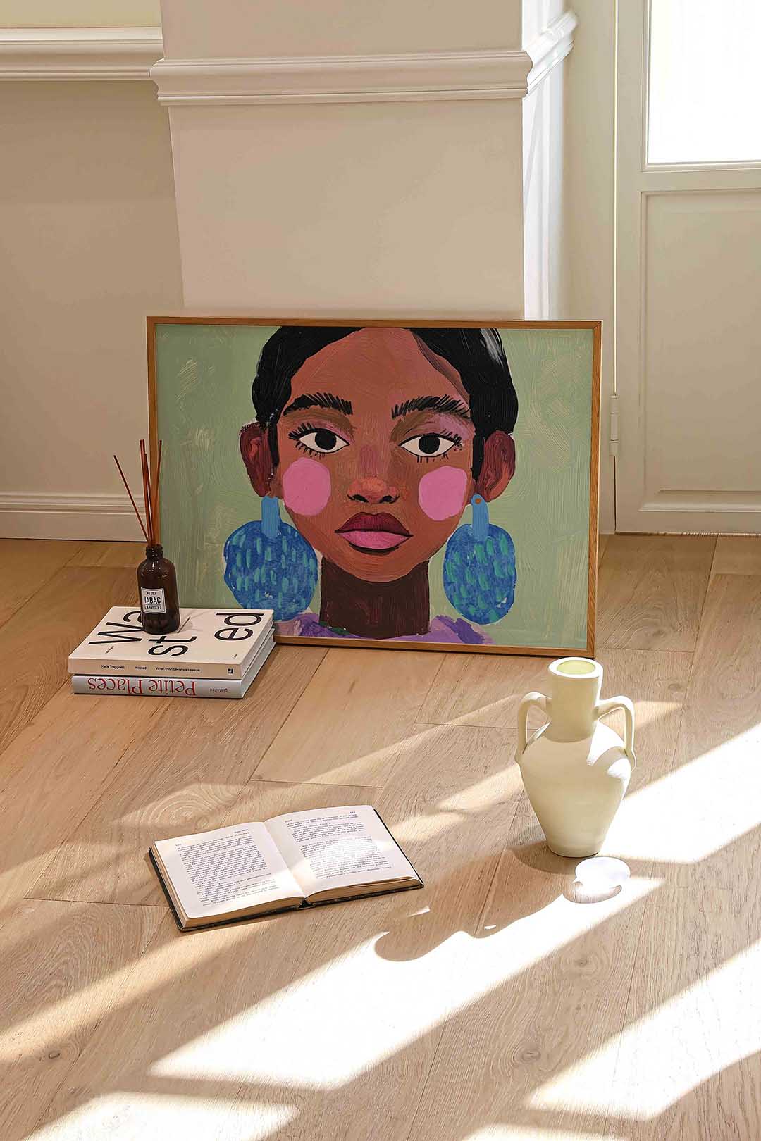 Portret met blauwe oorbellen Poster