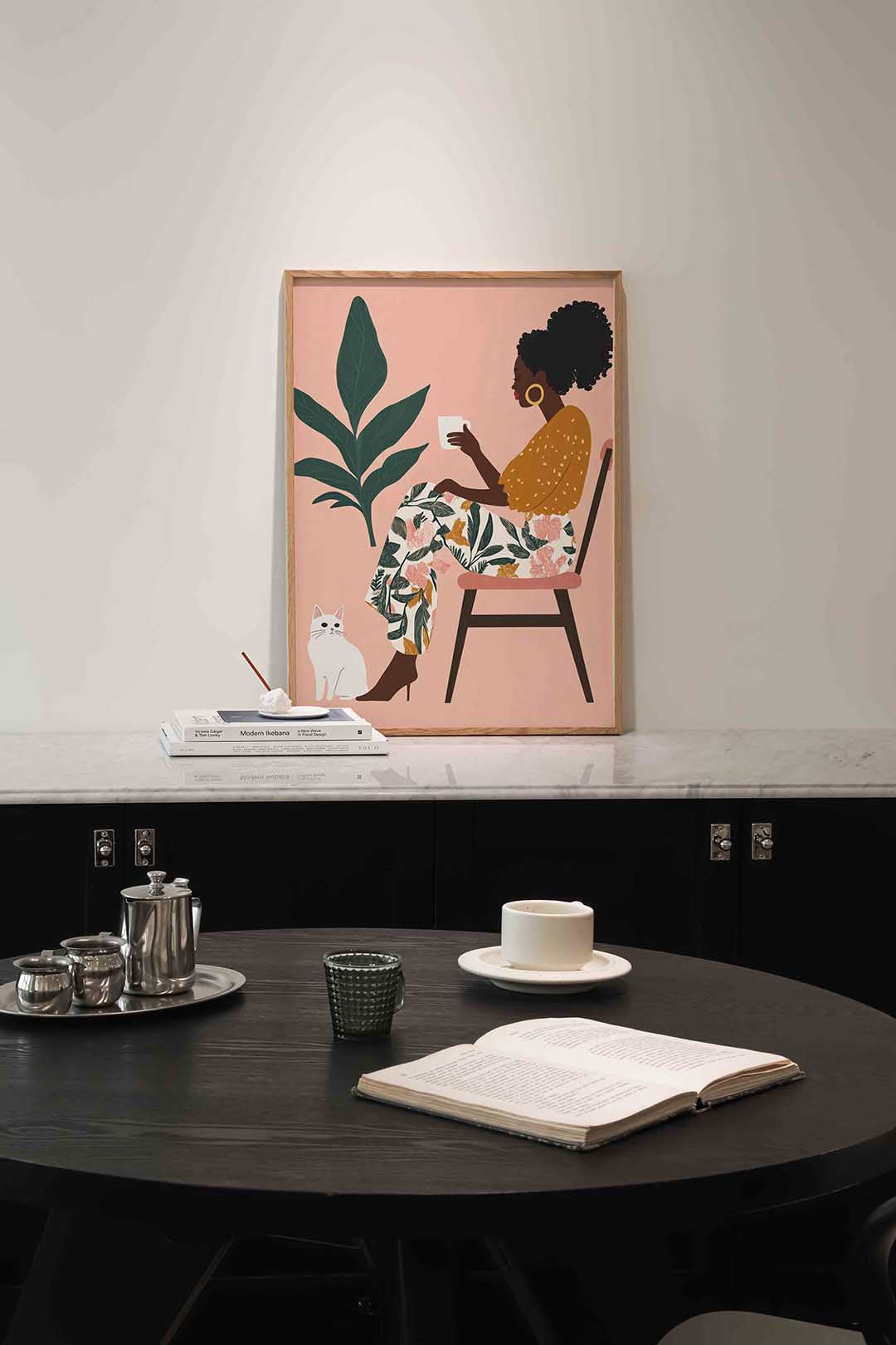 Vrouw met kat en plant Poster