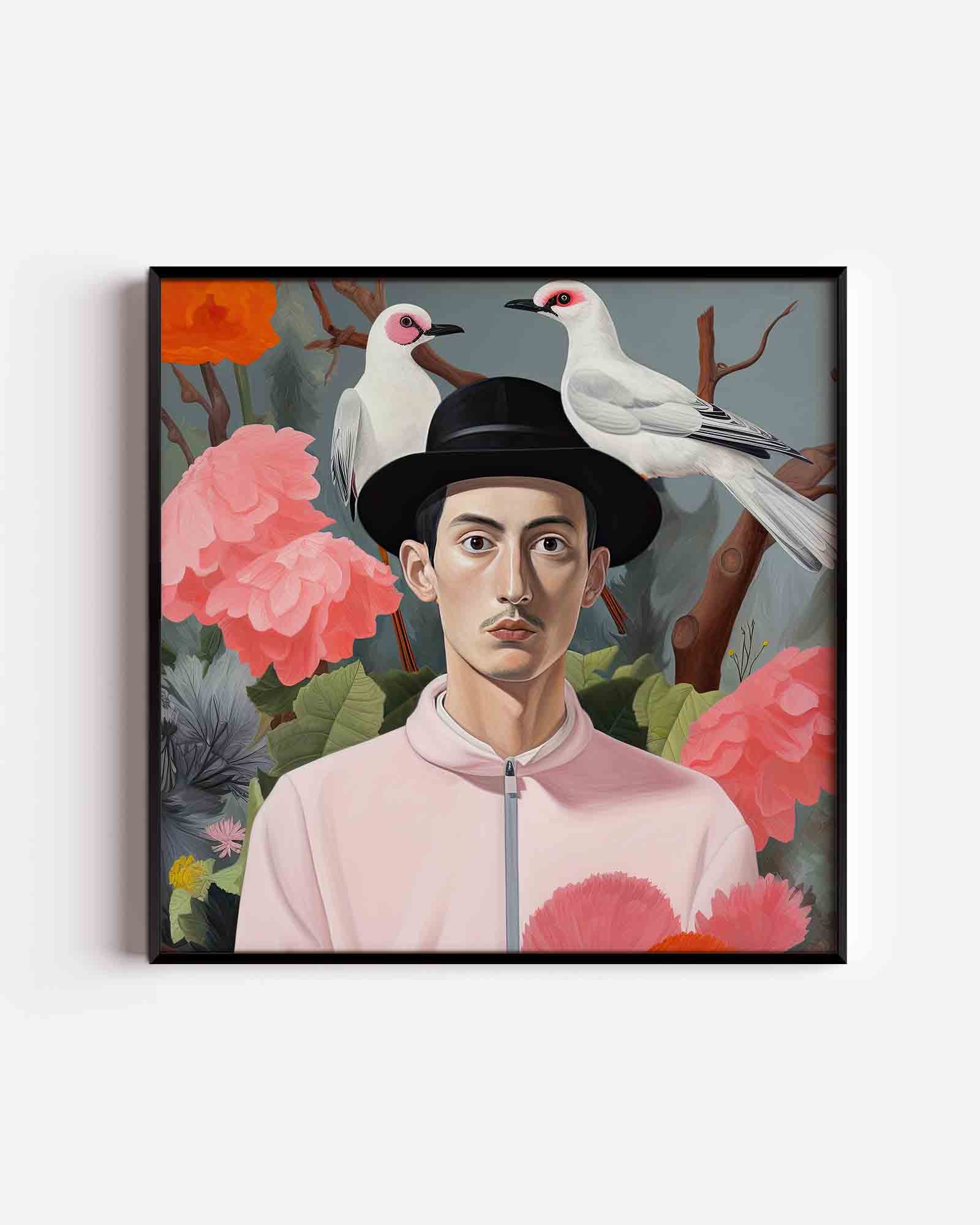 Man met vogels en bloemen Poster