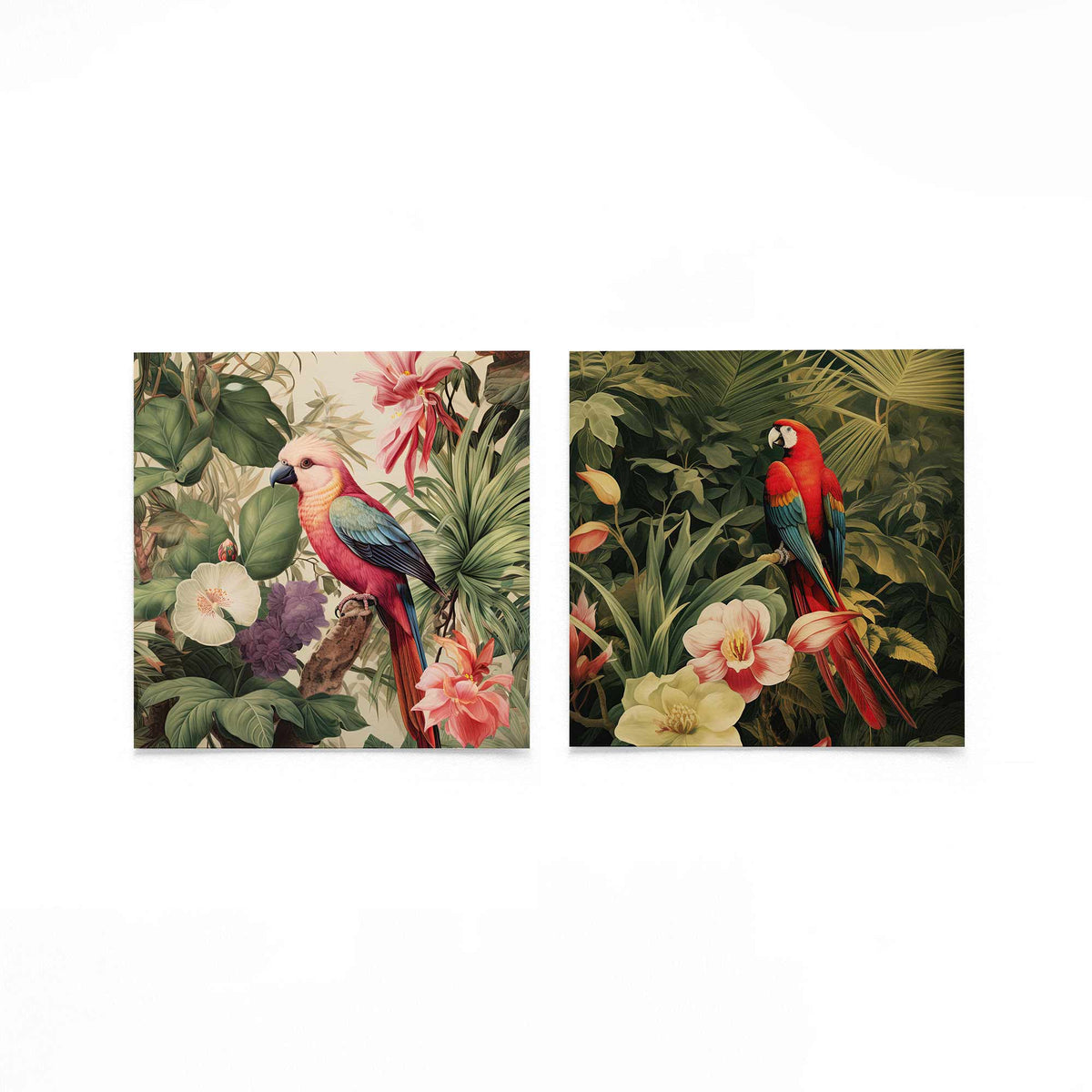 Twee vierkante posters met papegaaien tussen tropische bloemen op een gebroken witte achtergrond