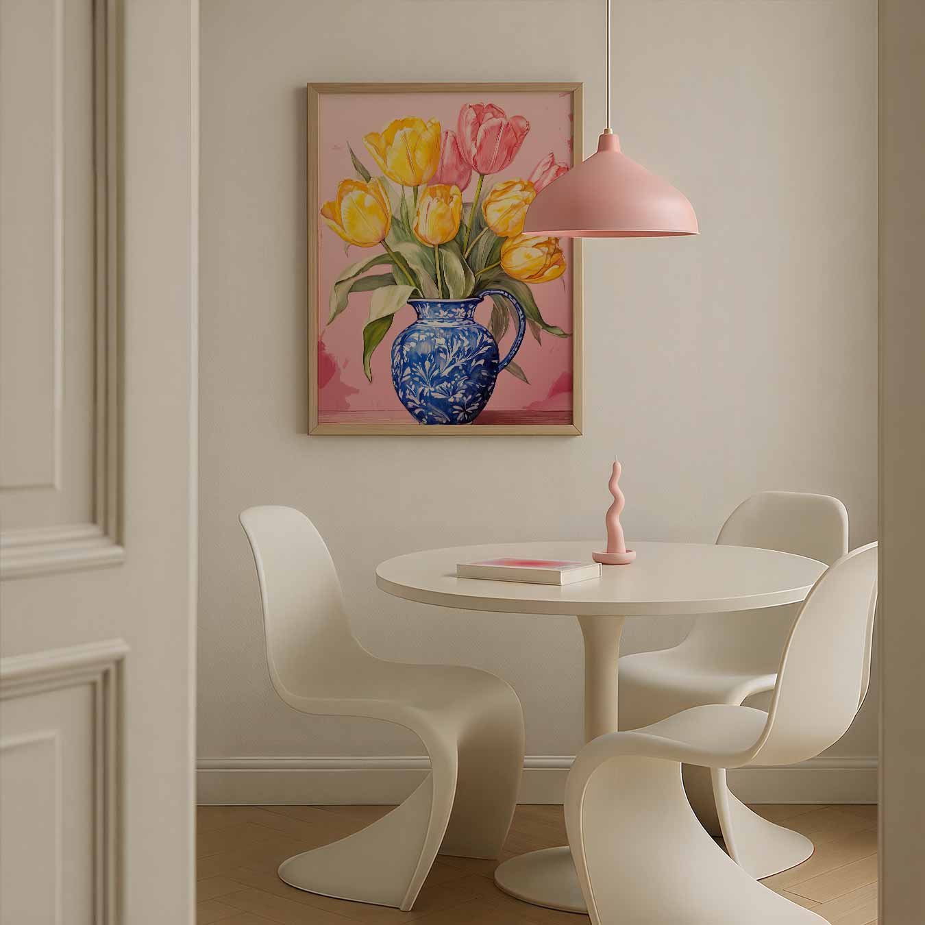 Vrolijke Tulpen in Blauwe Vaas Poster-WallArtistic