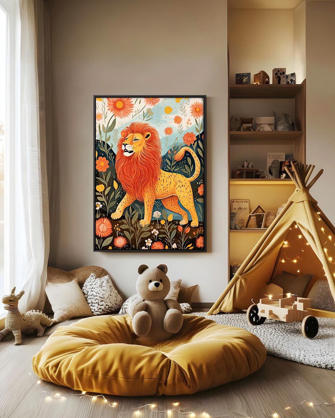 Leeuw en bloemen Kunstwerk