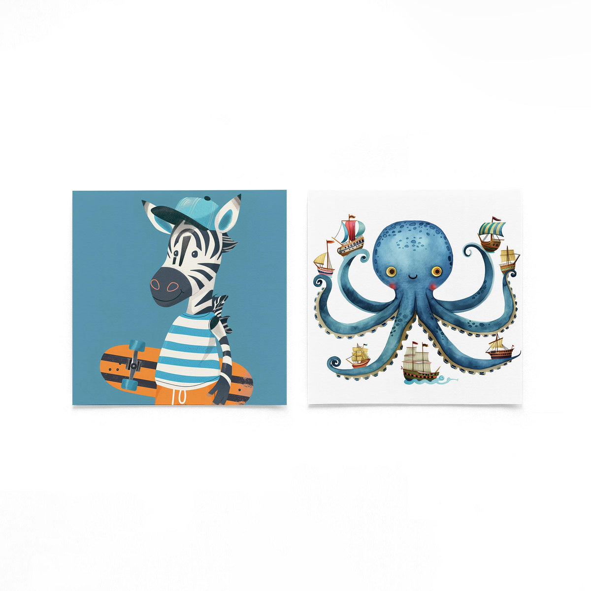 Twee vierkante posters met zebra en octopus op een gebroken witte achtergrond