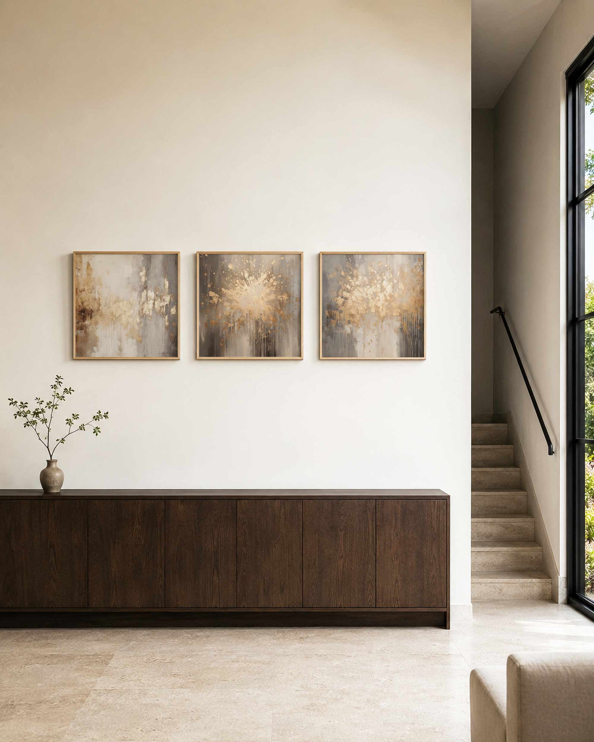 Interieurpresentatie van een driedelige vierkante posterset met abstracte goudtinten
