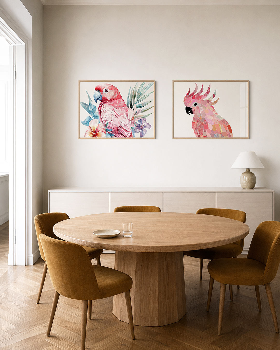 Tweedelige posterset met een levendige papegaai in roze en blauw, getoond in een interieur