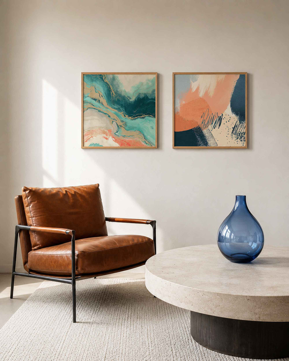 Interieurpresentatie van een tweedelige vierkante posterset met turquoise koraal