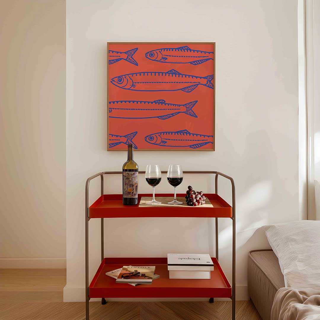 Vissen op rode achtergrond Poster