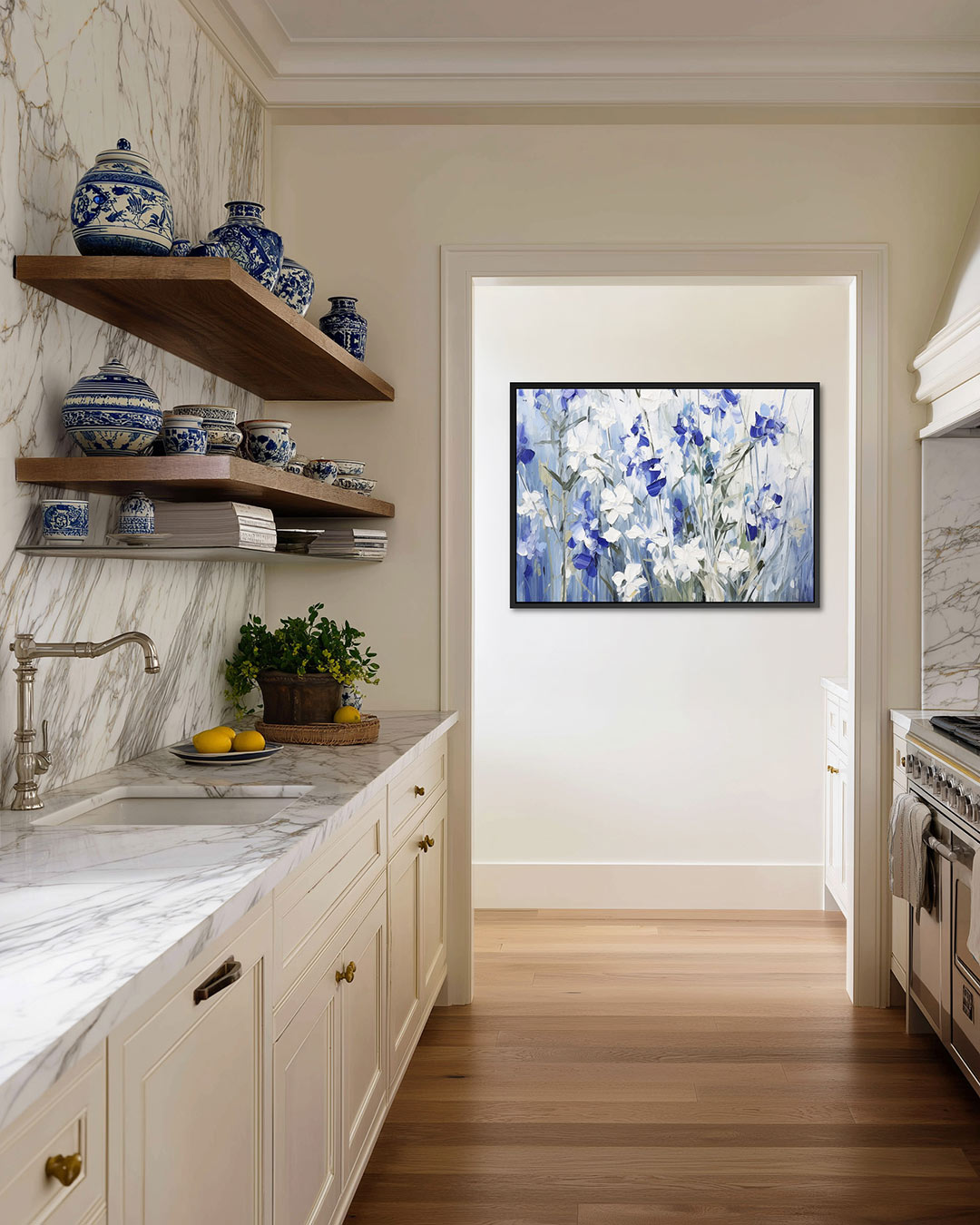 Bloemen in blauwtinten Kunstwerk