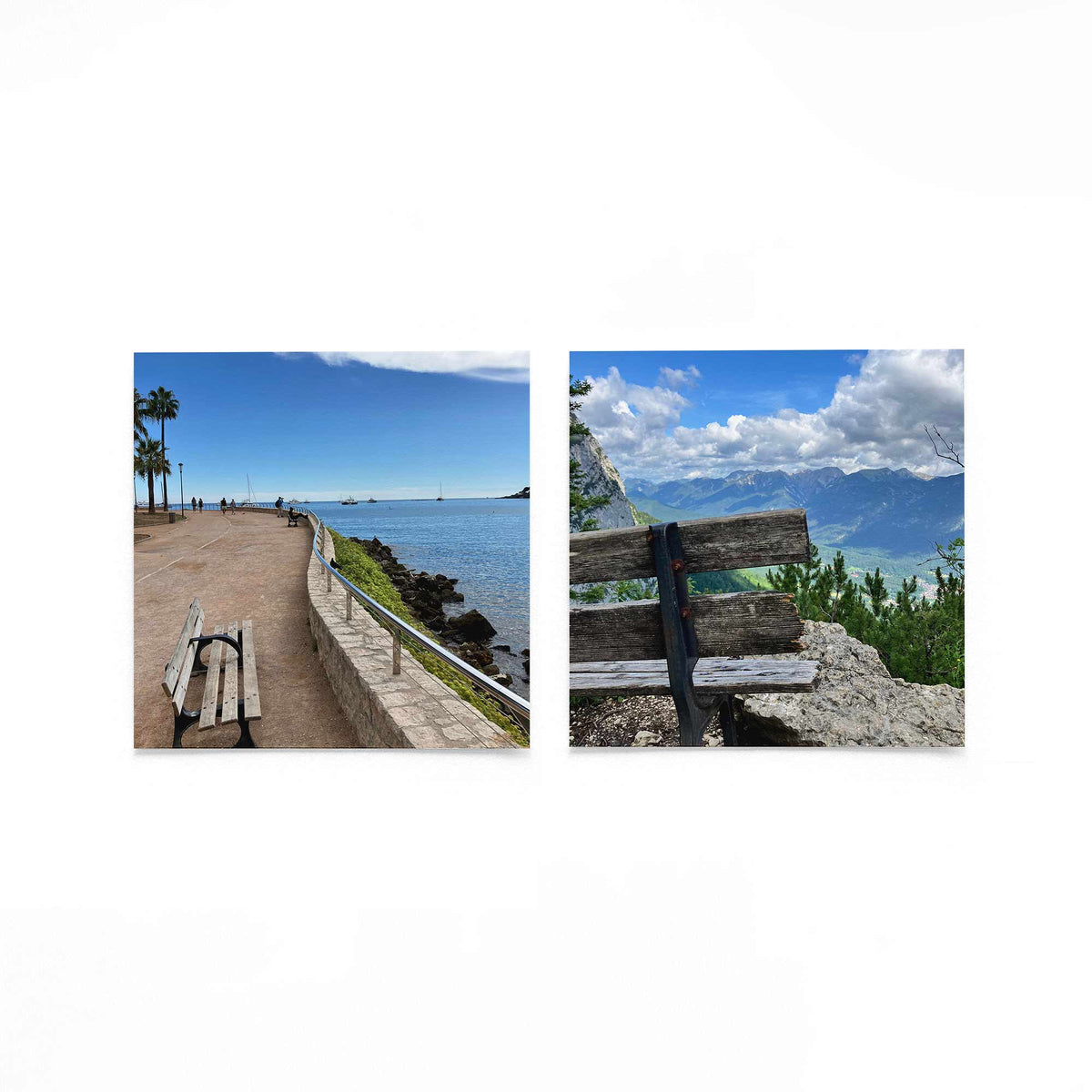 Productfoto van twee vierkante posters met banken aan zee en berg – Gerald Emming