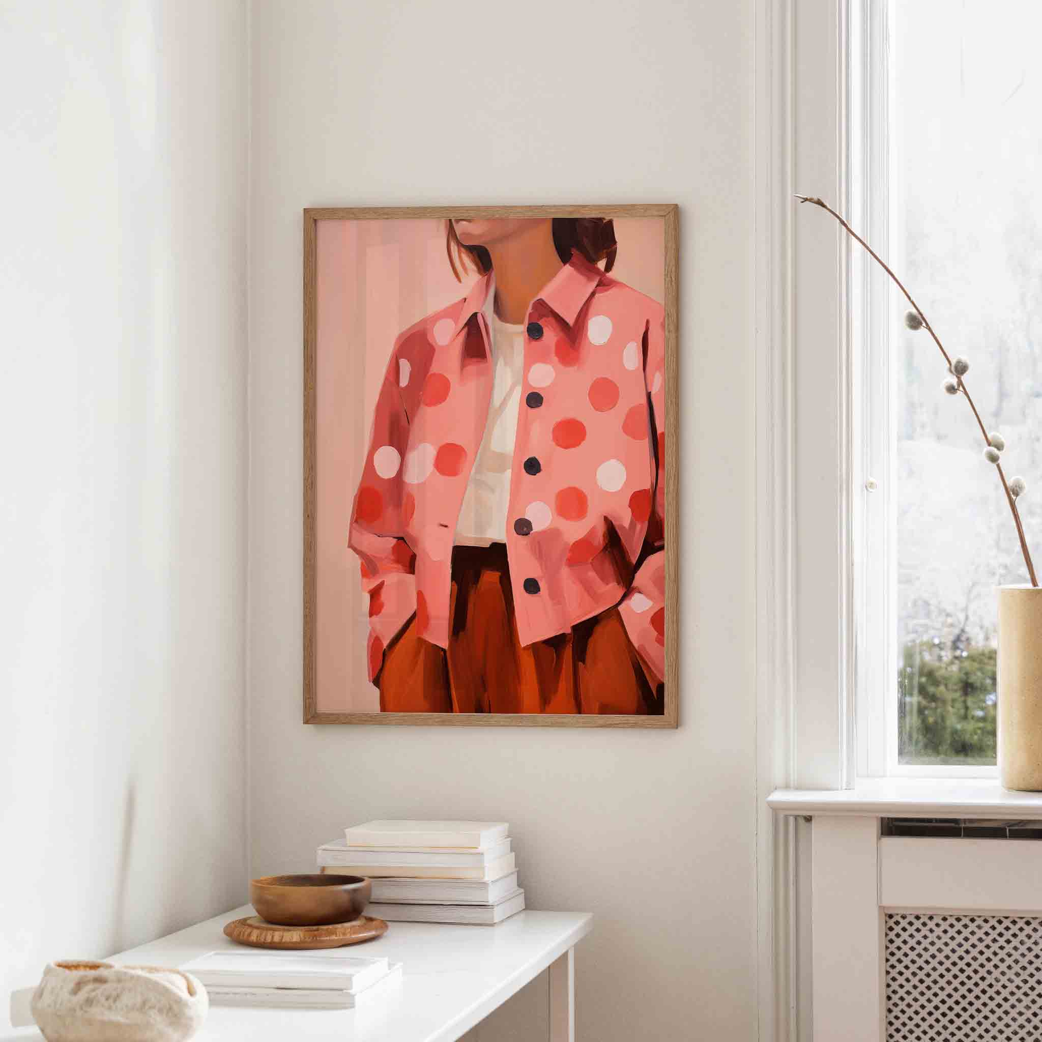 Vrouw in roze jas Poster