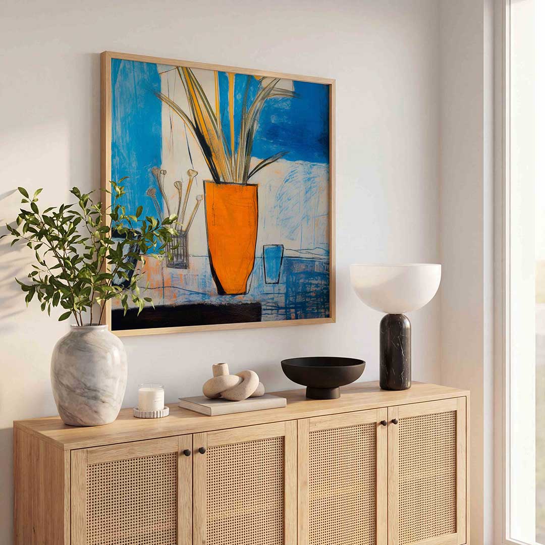 Oranje vaas met bloemen Poster