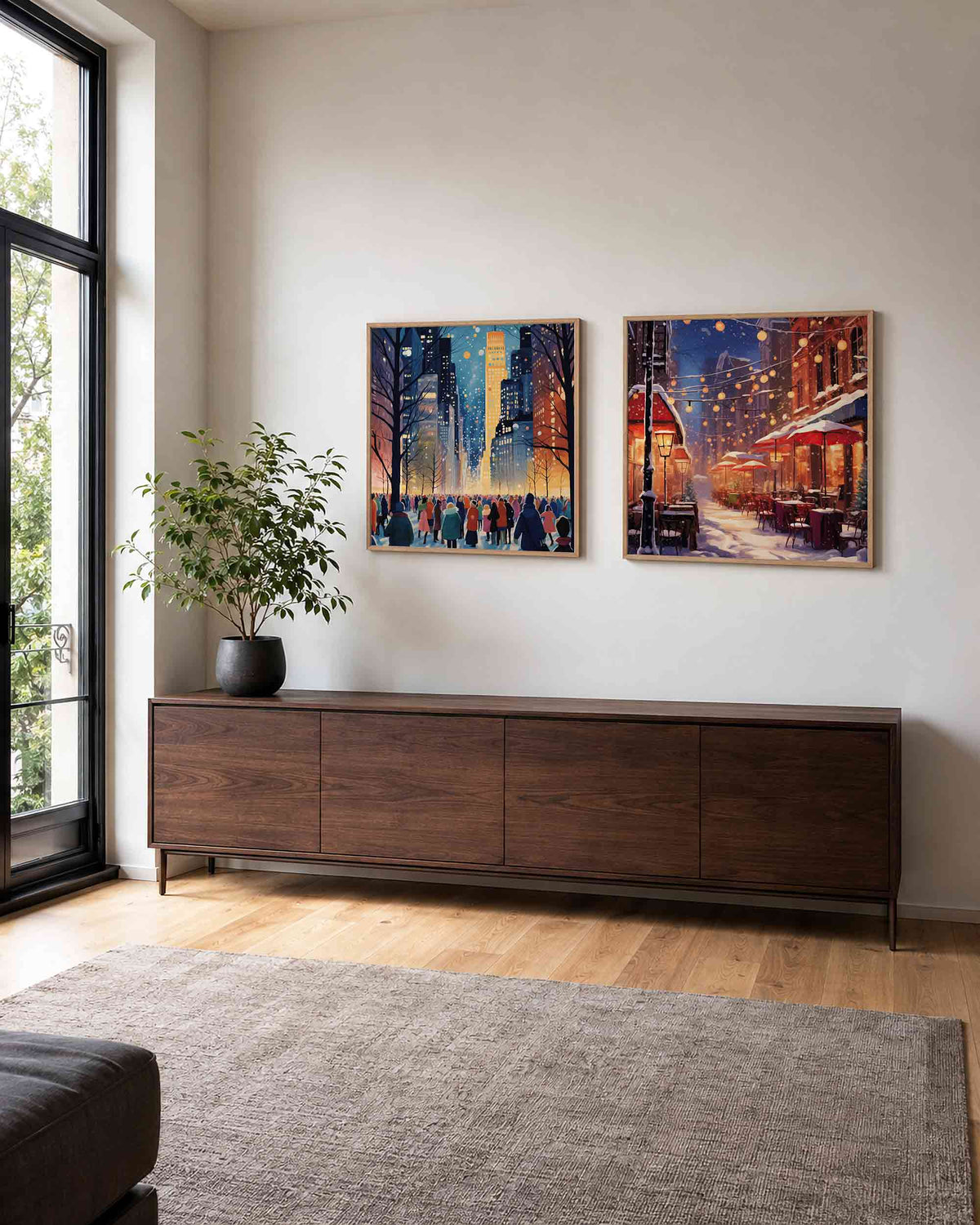 Interieurpresentatie van een tweedelige vierkante posterset met winterse stadslichten