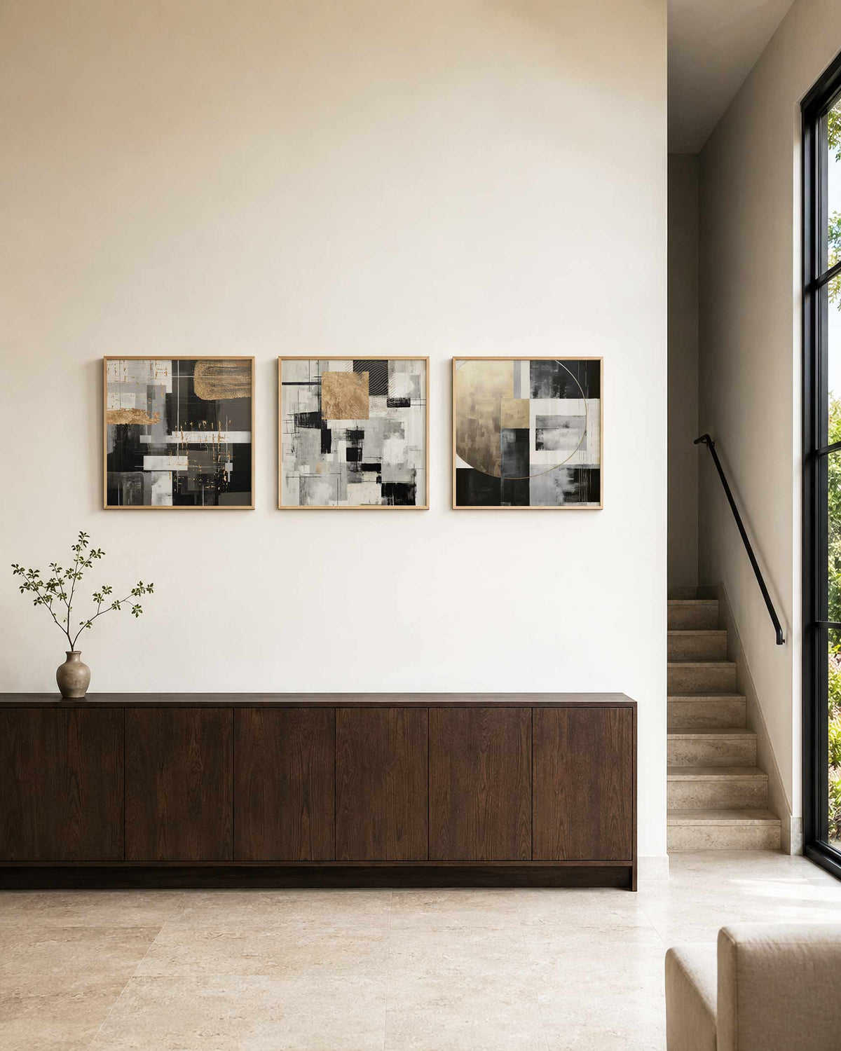 Interieurpresentatie van een driedelige vierkante posterset met abstracte goudvlakken