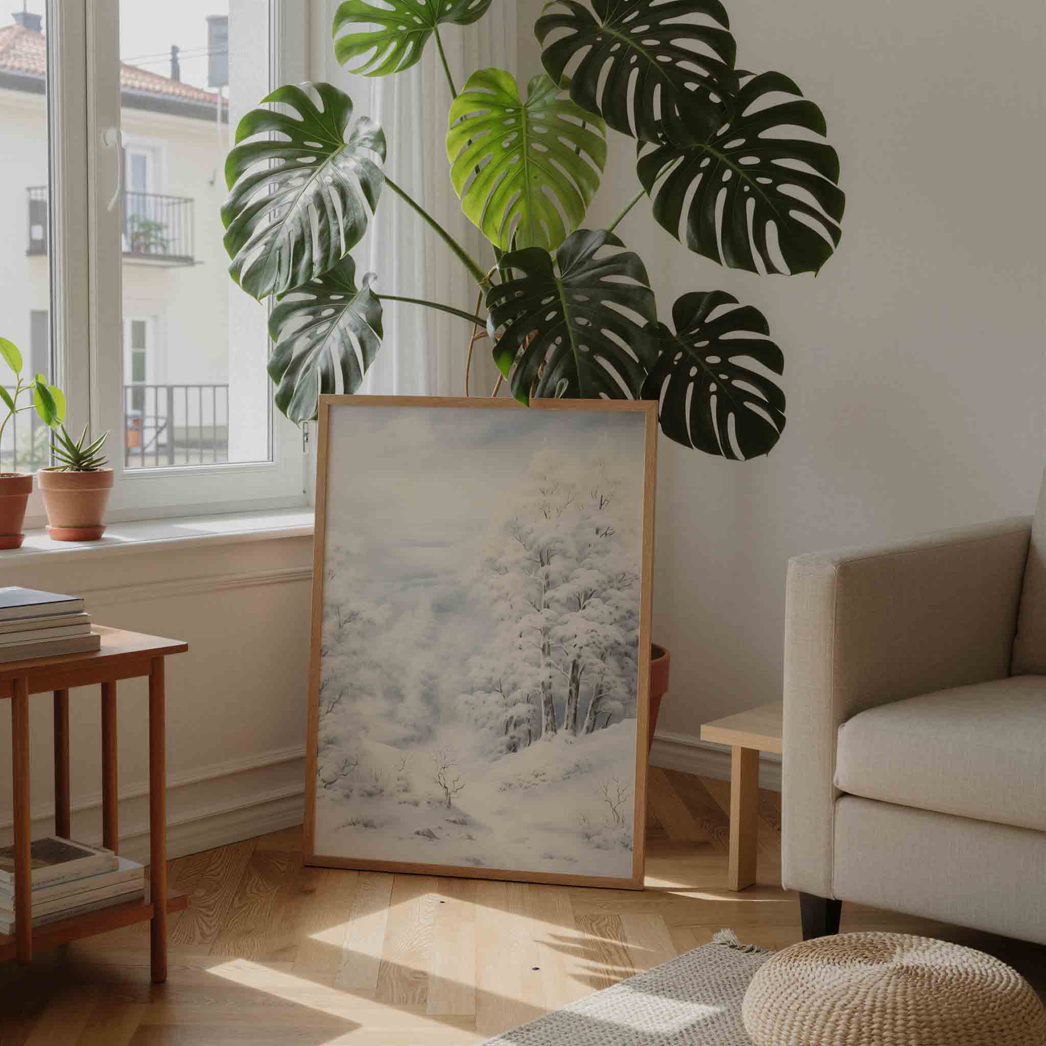 Winterlandschap met besneeuwde bomen Poster