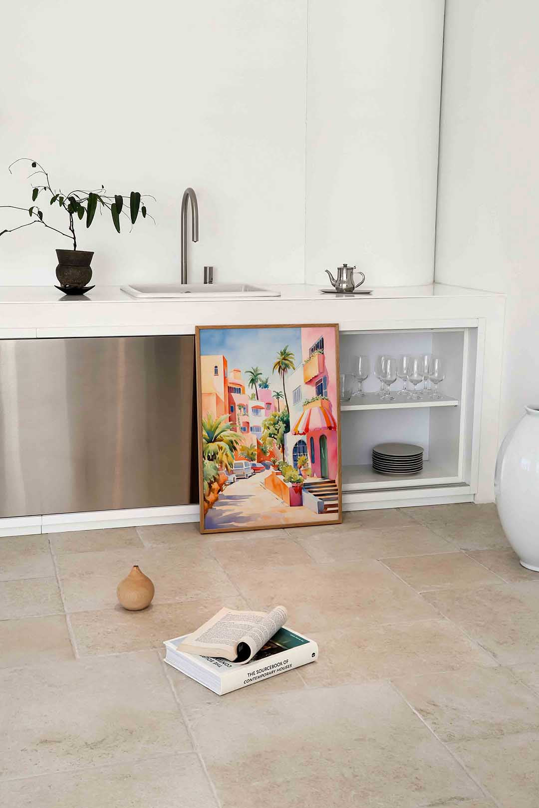 Zonnige straat met palmbomen Poster