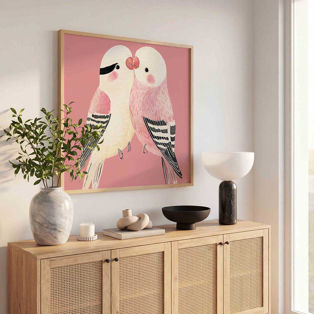 Twee vogels op roze achtergrond Poster