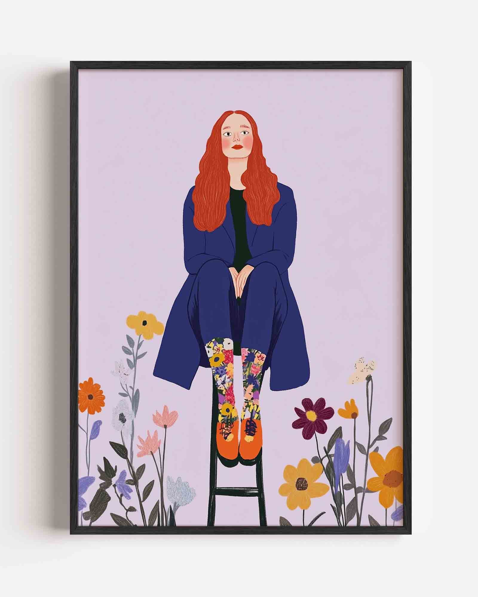 Vrouw op kruk met bloemen Poster