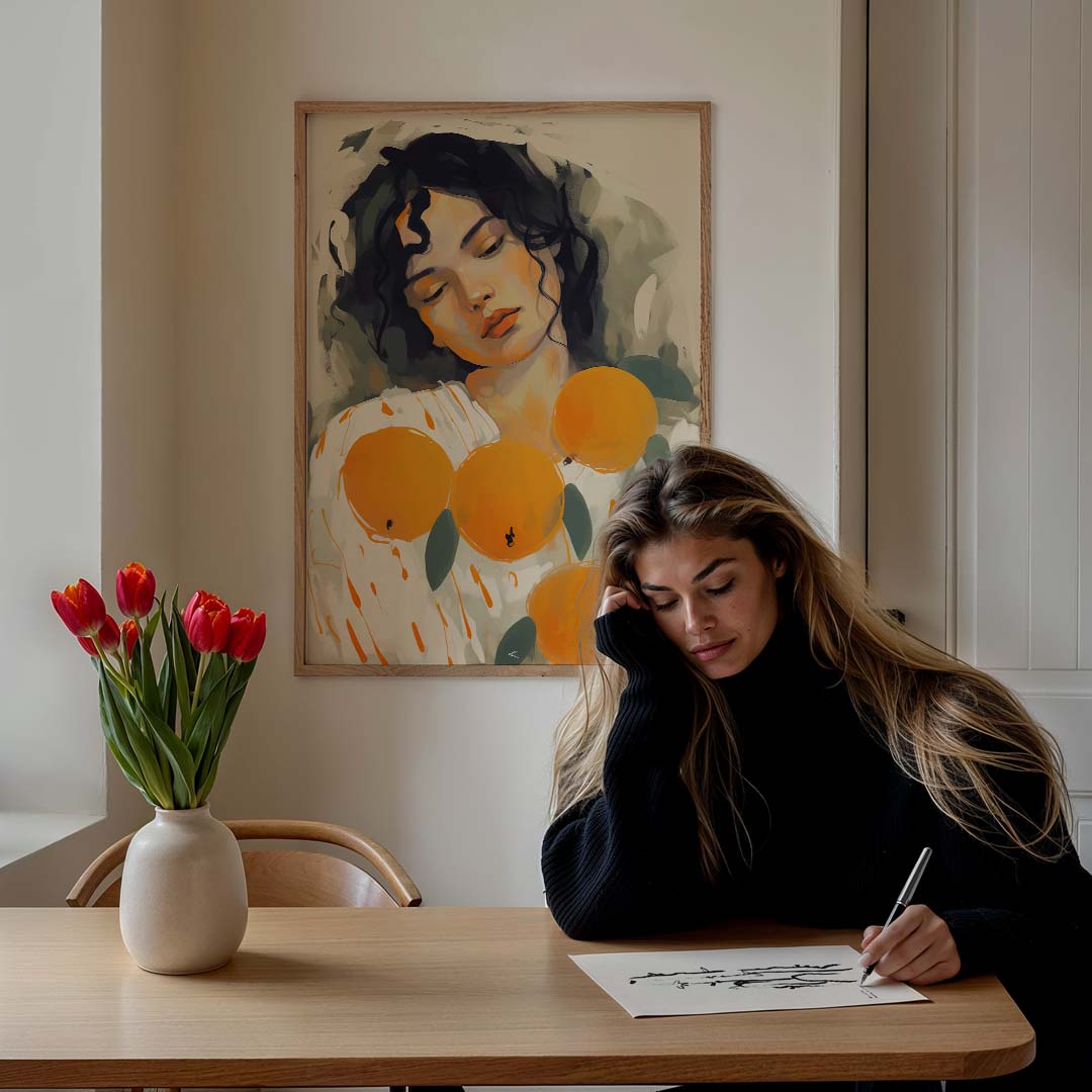 Dromerige Sfeer: Vrouw & Sinaasappels Poster-WallArtistic