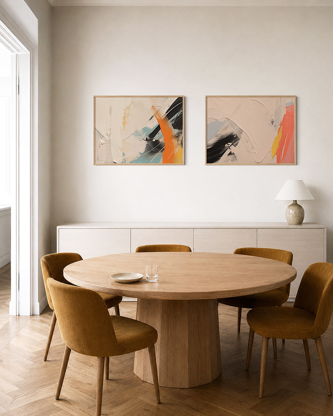 Interieurpresentatie van twee posters met dikke, vloeiende kleurvlakken in wit, oranje en blauw