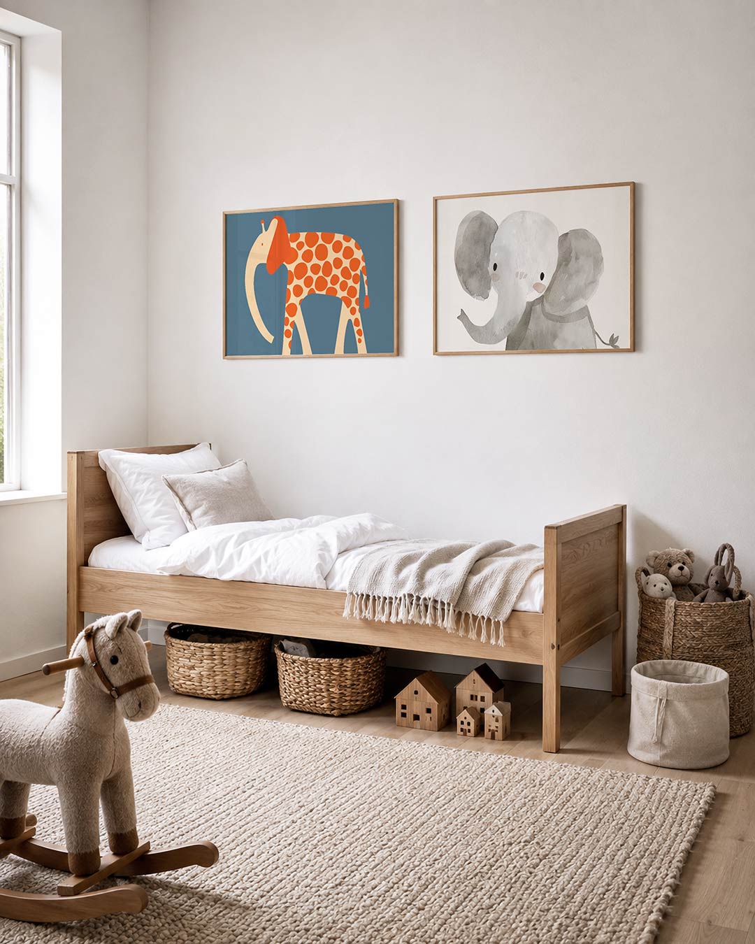 Twee liggende posters met een speelse olifant met oranje stippen op een beige lichaam, aan de muur in een interieur