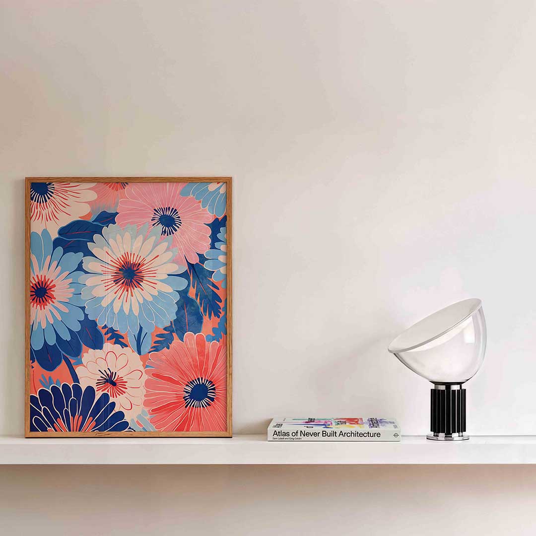 Bloemen in blauw en roze Poster