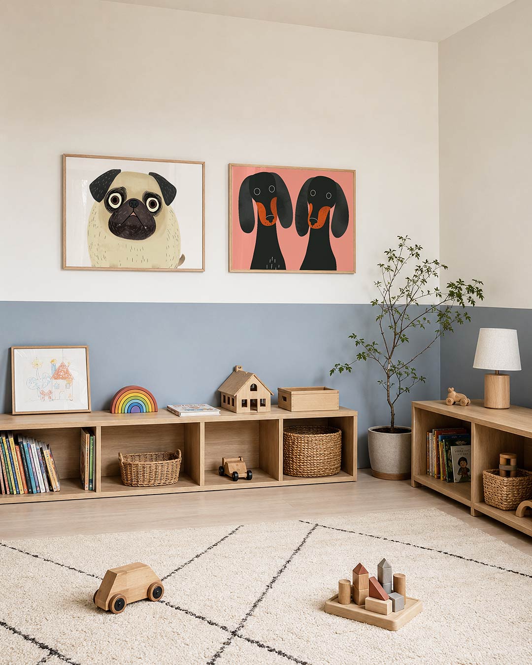 Twee liggende posters met donkere tinten en een rustige visuele opbouw, aan de muur in een interieur