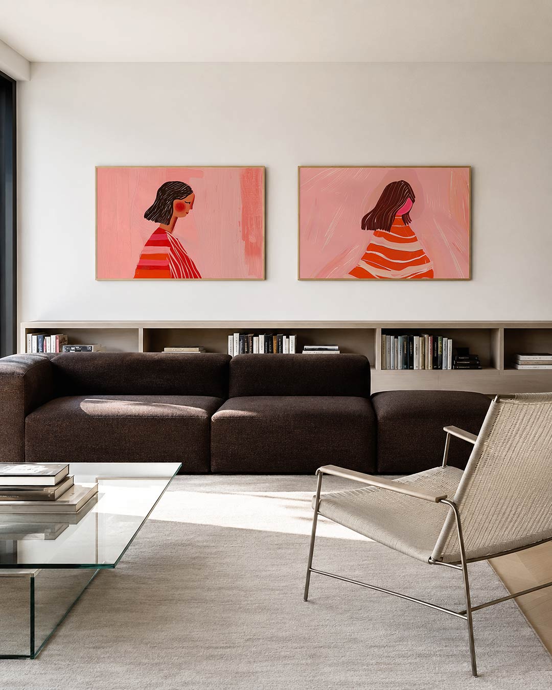 Twee liggende posters met een vrouwelijk profiel met donkere haren tegen een roze achtergrond, aan de muur in een interieur
