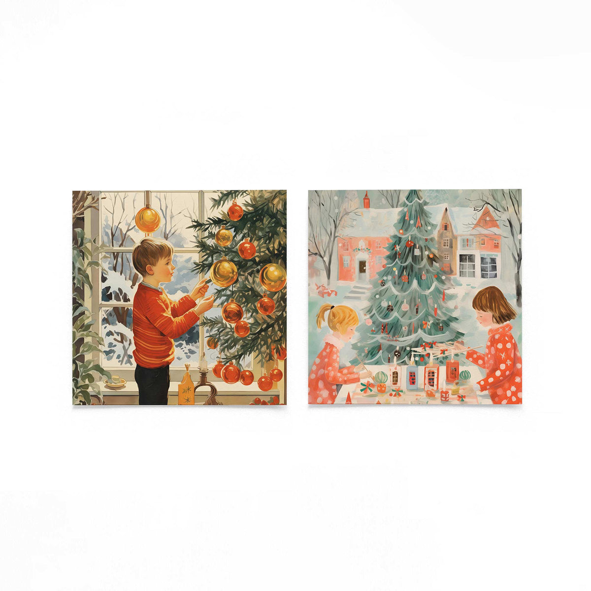 Twee vierkante posters met kerstboom en kinderen op een gebroken witte achtergrond