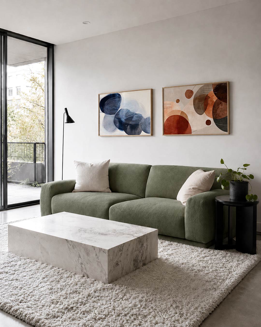 Tweedelige posterset met lijnen in cirkelvormige patronen in blauw en wit, getoond in een interieur