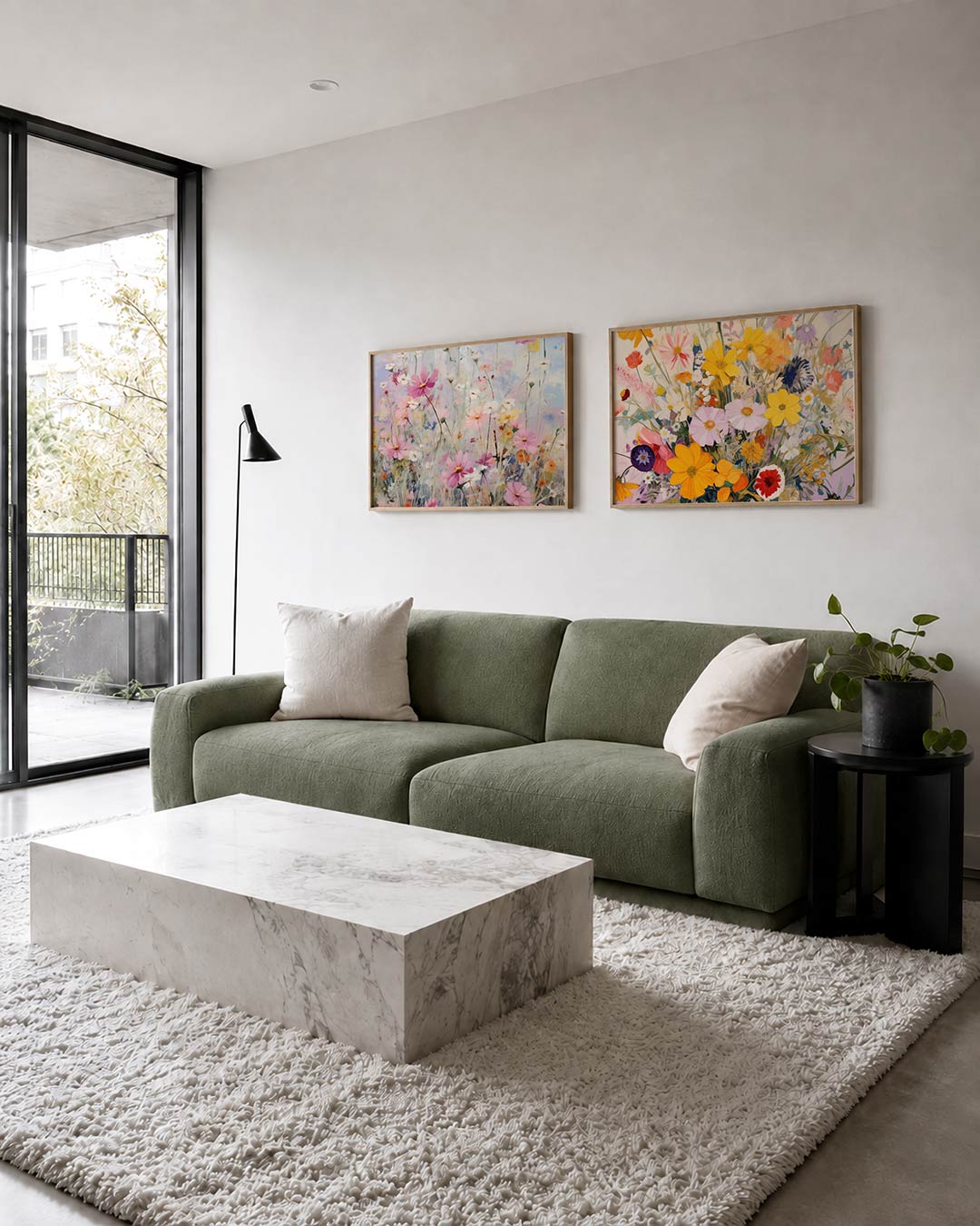 Tweedelige posterset met een weelderige bloemenzee met roze, witte en gele tinten, getoond in een interieur