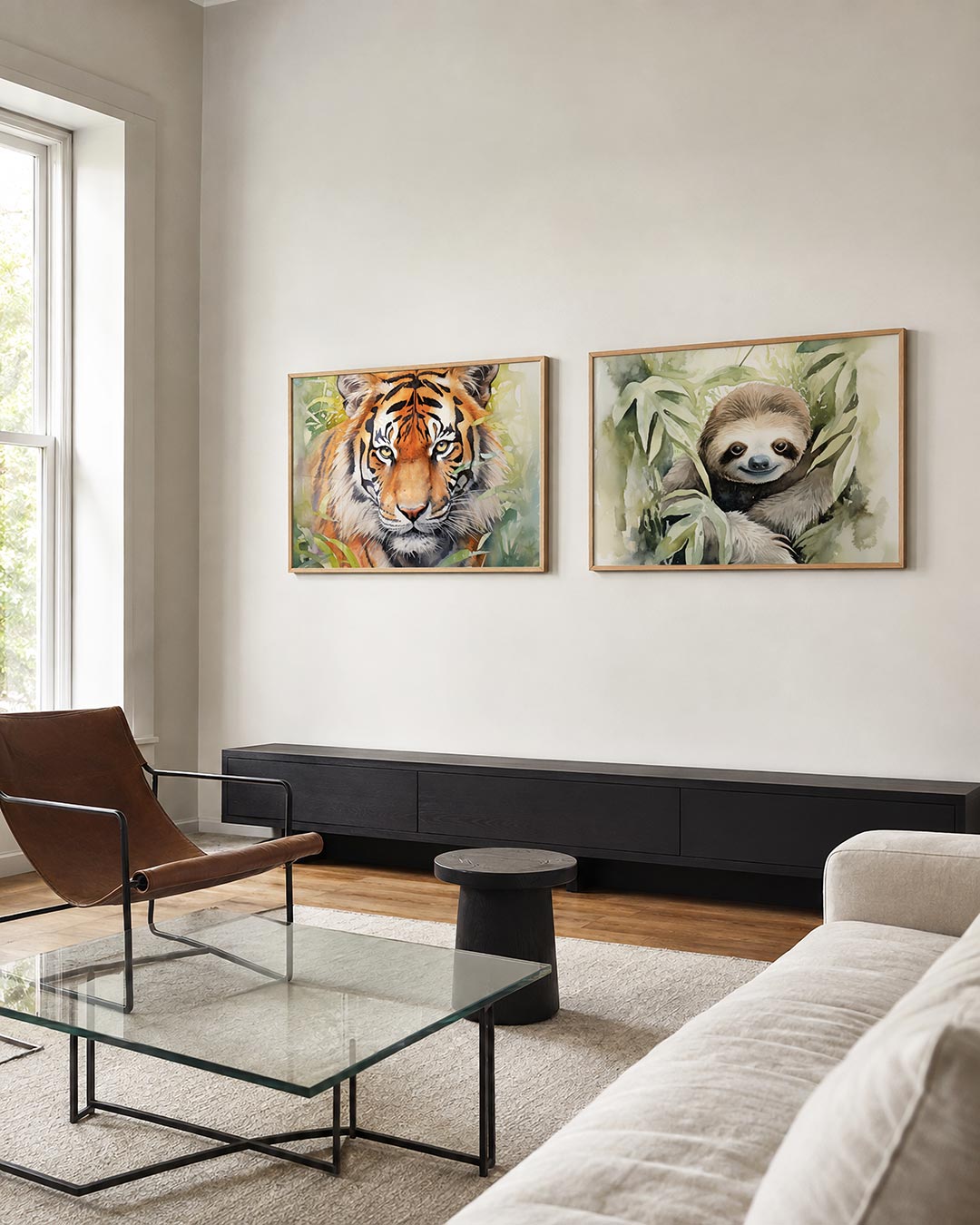 Twee liggende posters met een tijgerkop met oranje en zwarte strepen, aan de muur in een interieur