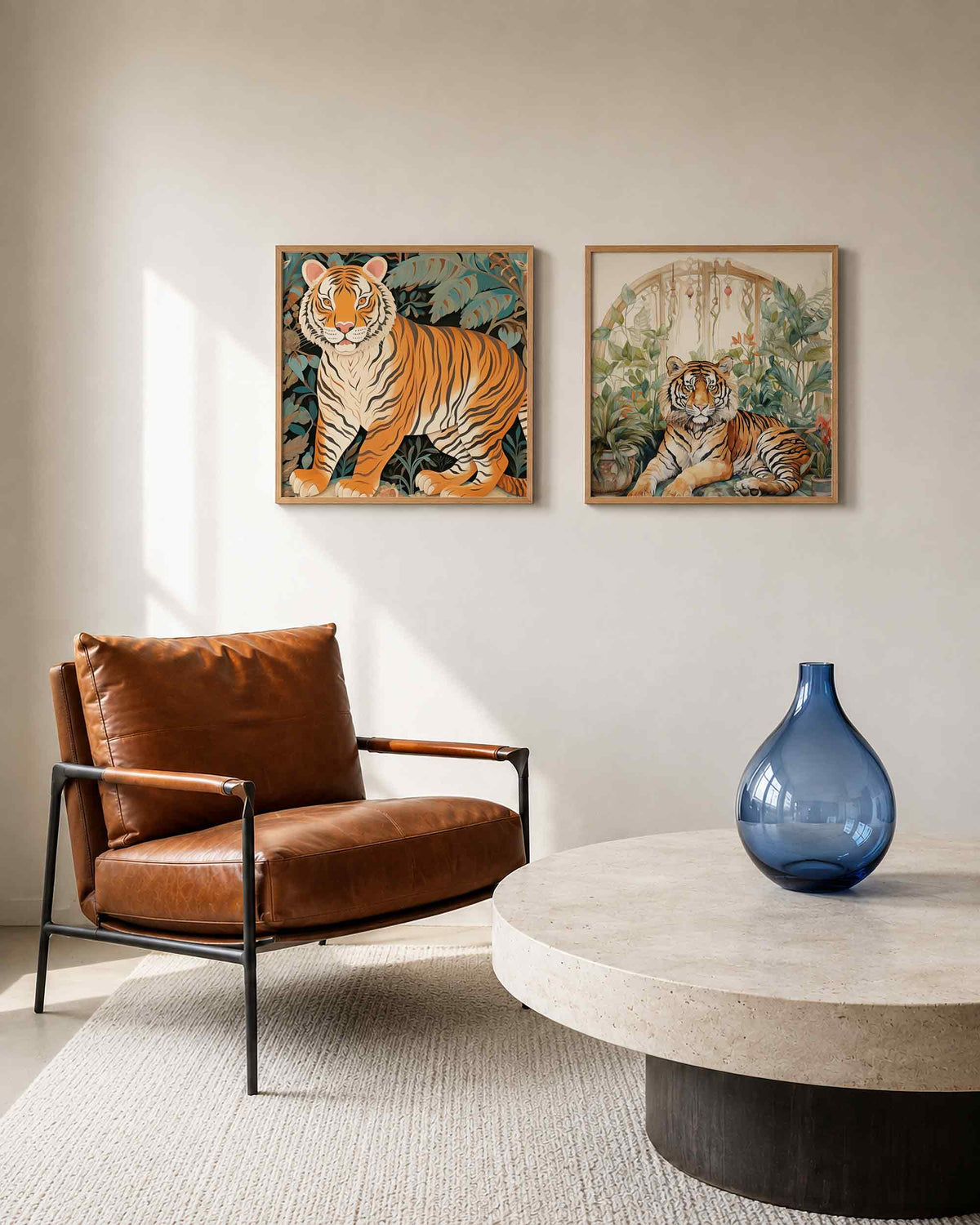 Interieurpresentatie van een tweedelige vierkante posterset met tijgers tussen bladeren