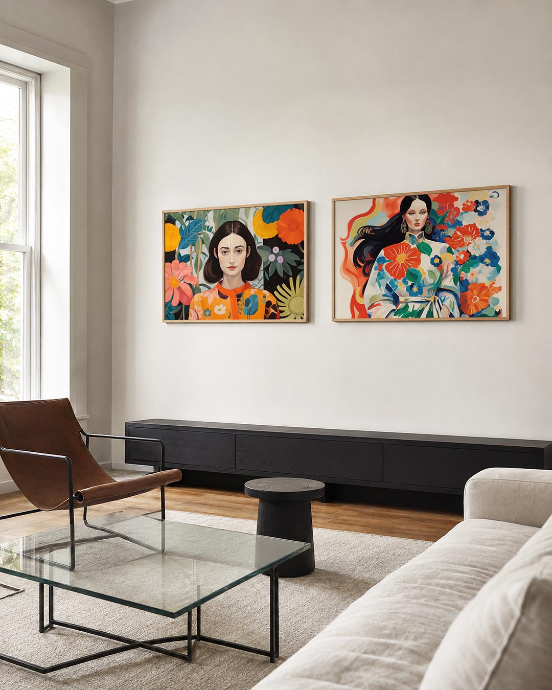 Tweedelige posterset met een vrouw omringd door grote bloemen en bladeren, getoond in een interieur