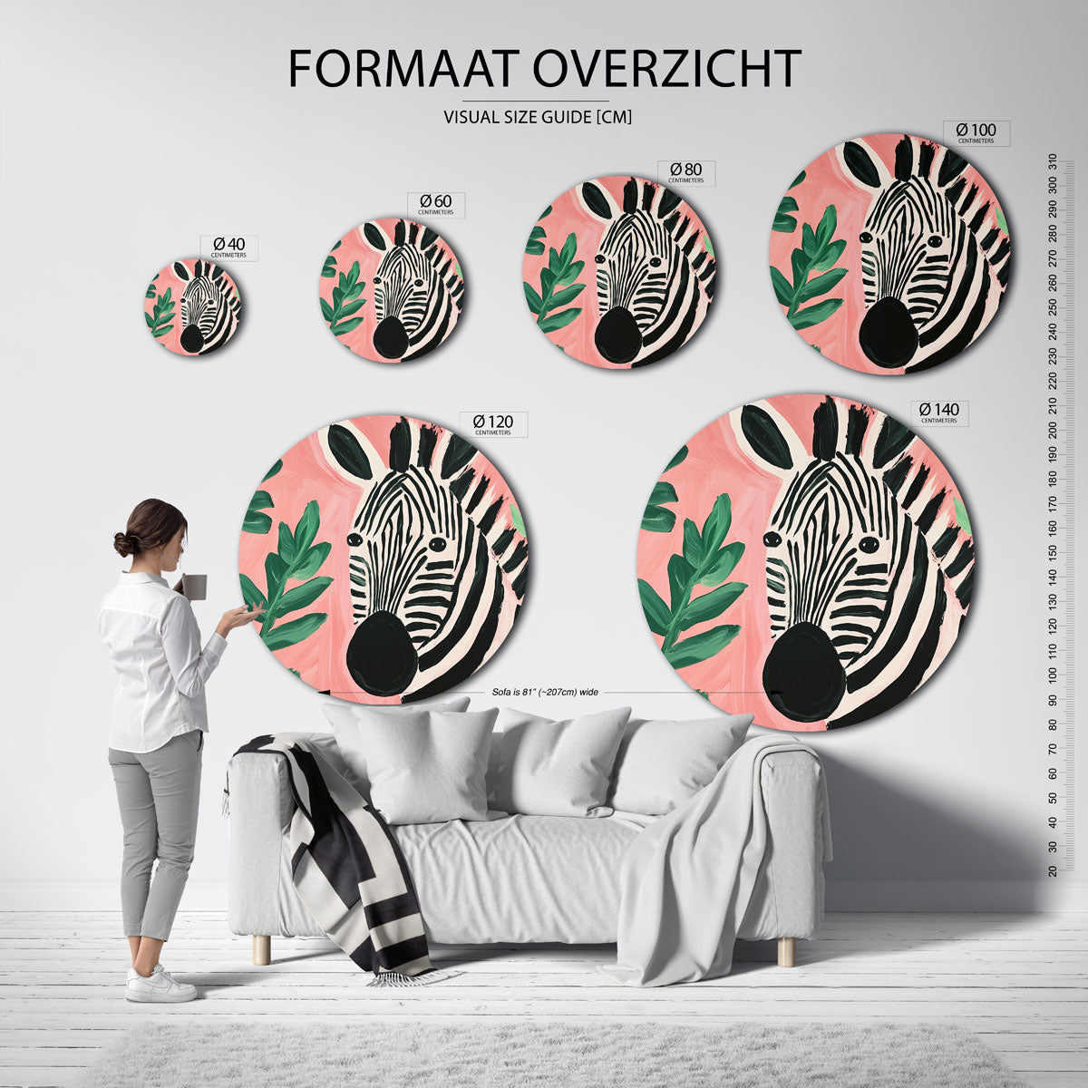 Zebra en bladeren Muurcirkel