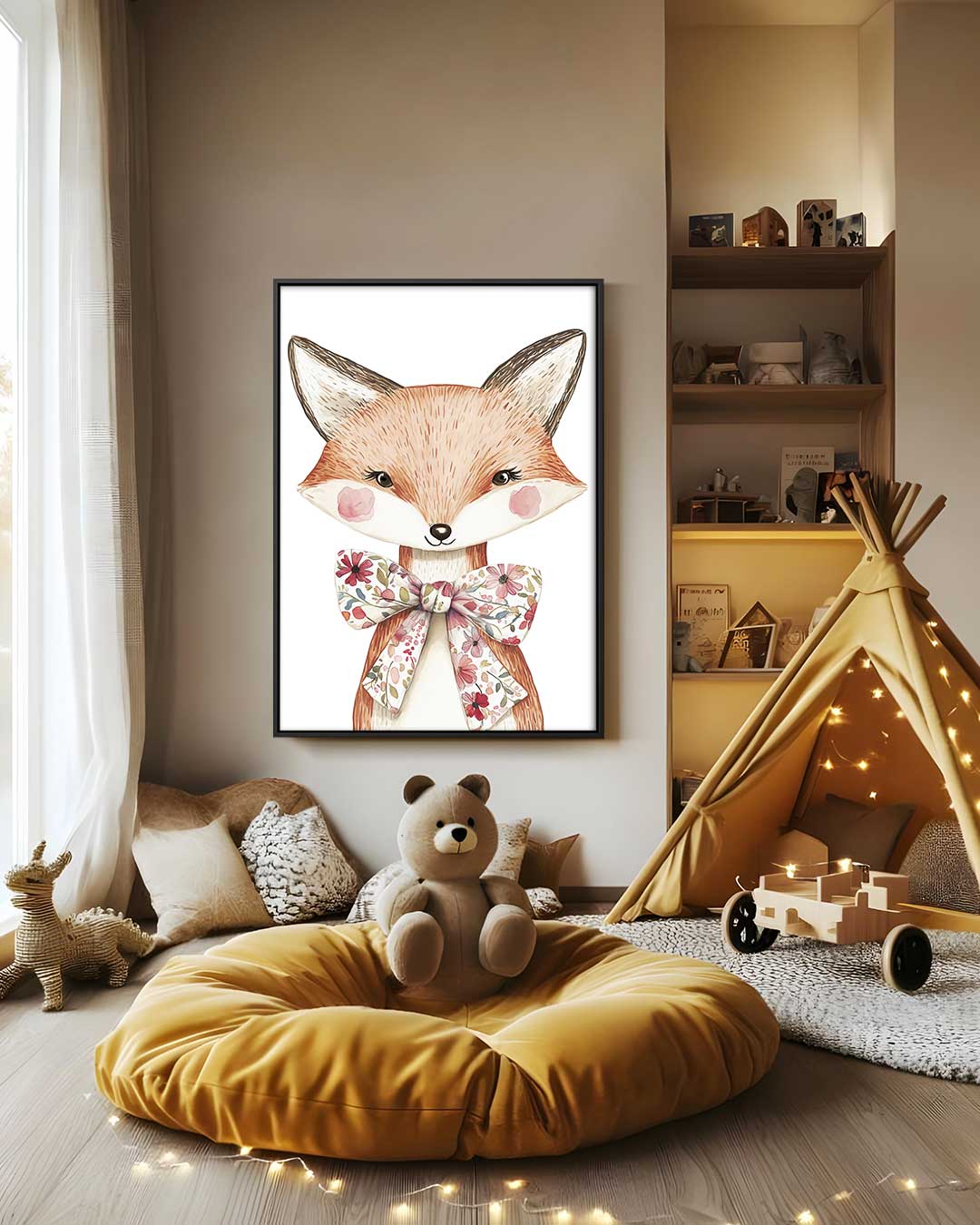Schattige Vos met Bloemendasje Kunstwerk-canvas-dibond-plexiglas-wanddecoratie-WallArtistic