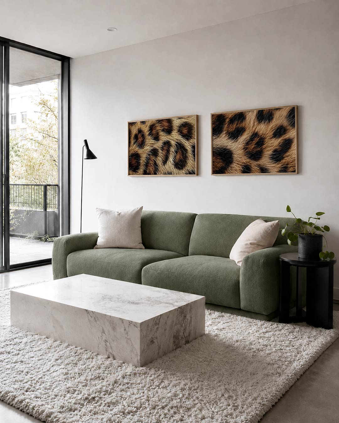 Twee liggende posters met zwarte en bruine vlekken op een achtergrond van gouden en beige, aan de muur in een interieur