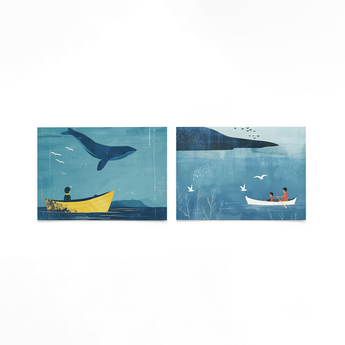 Twee liggende posters met een blauwe walvis boven een gele boot op een rustige zee op een gebroken witte achtergrond
