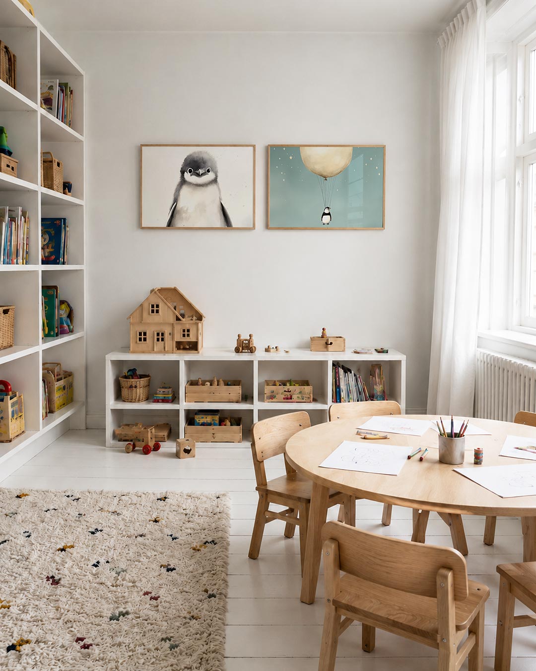 Twee liggende posters met donkere tinten en een rustige visuele opbouw, aan de muur in een interieur