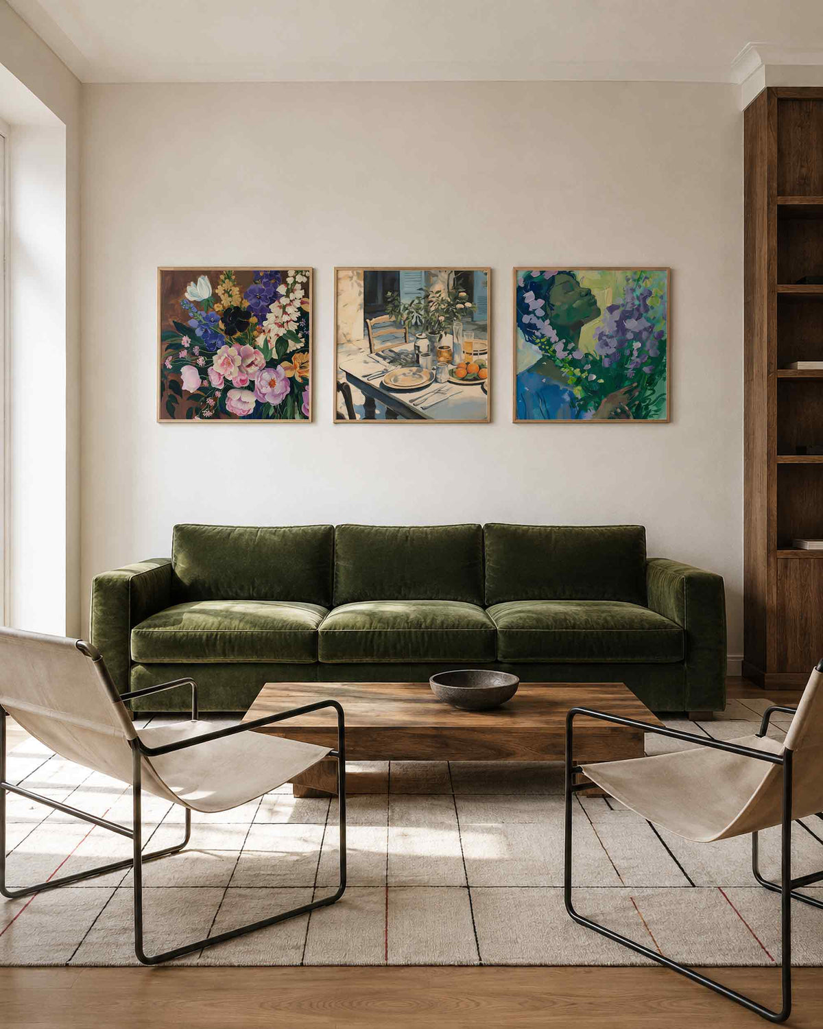 Interieurpresentatie van een driedelige vierkante posterset met bloemen en tuintafel