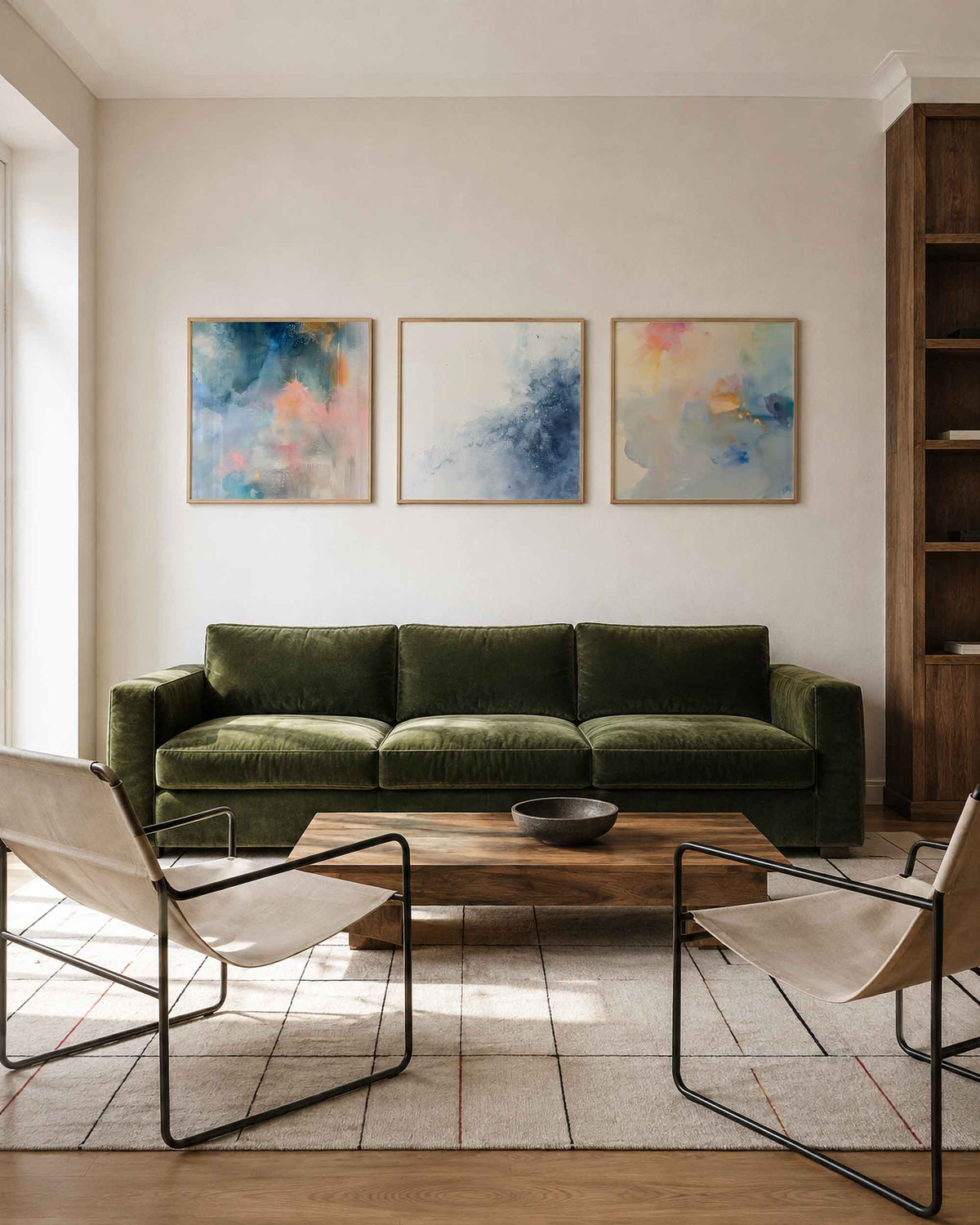 Interieurpresentatie van een driedelige vierkante posterset met abstracte blauwe vormen