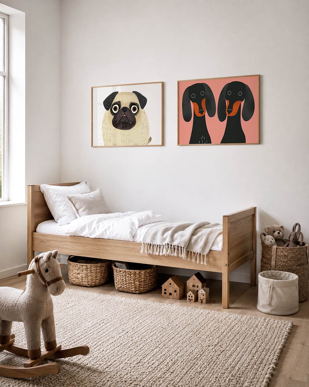 Tweedelige posterset met donkere tinten en een rustige visuele opbouw, getoond in een interieur