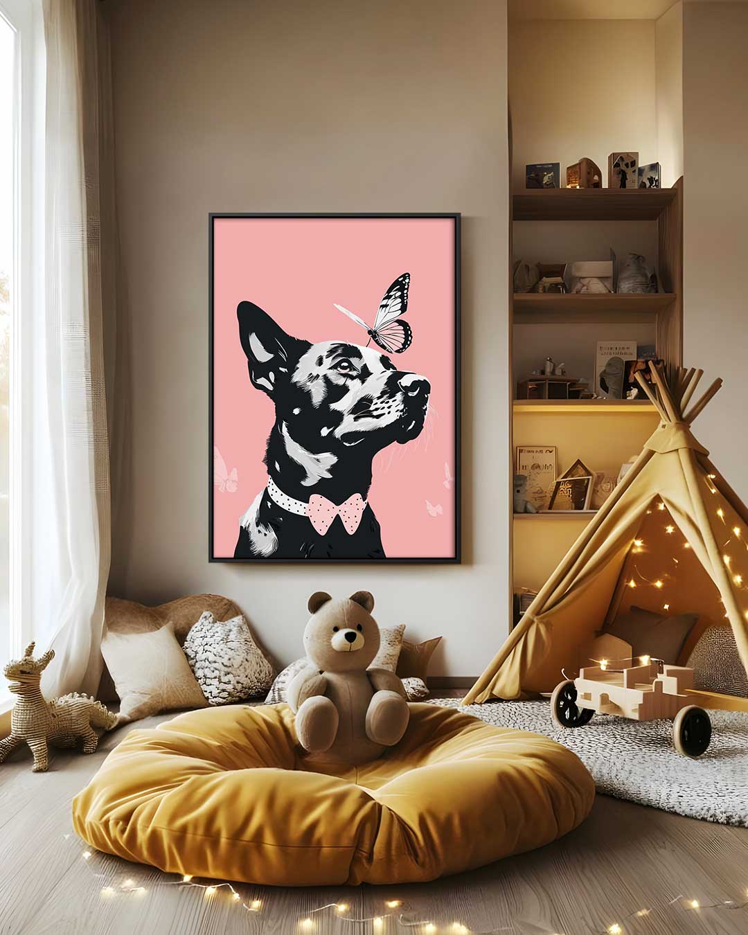 Dromerige Hond en Vlinder Kunstwerk