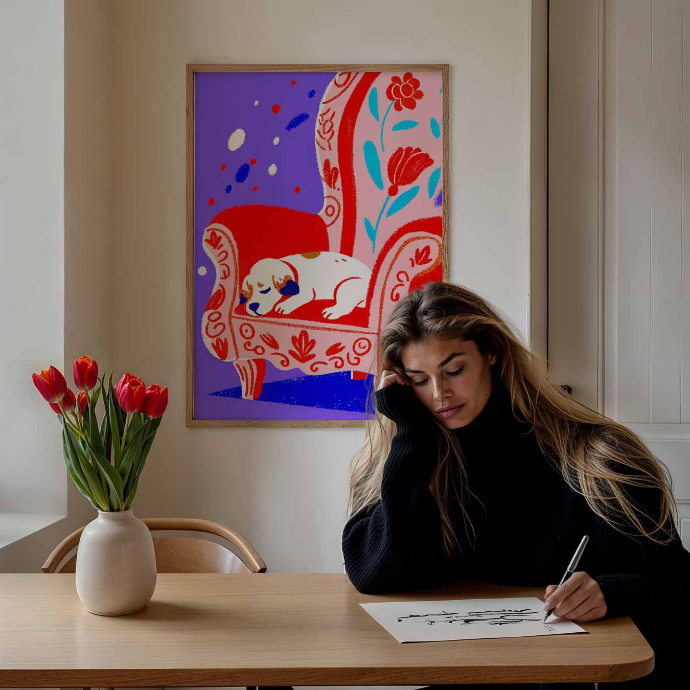 Dromerige Puppy op Bloemrijke Fauteuil Poster-WallArtistic