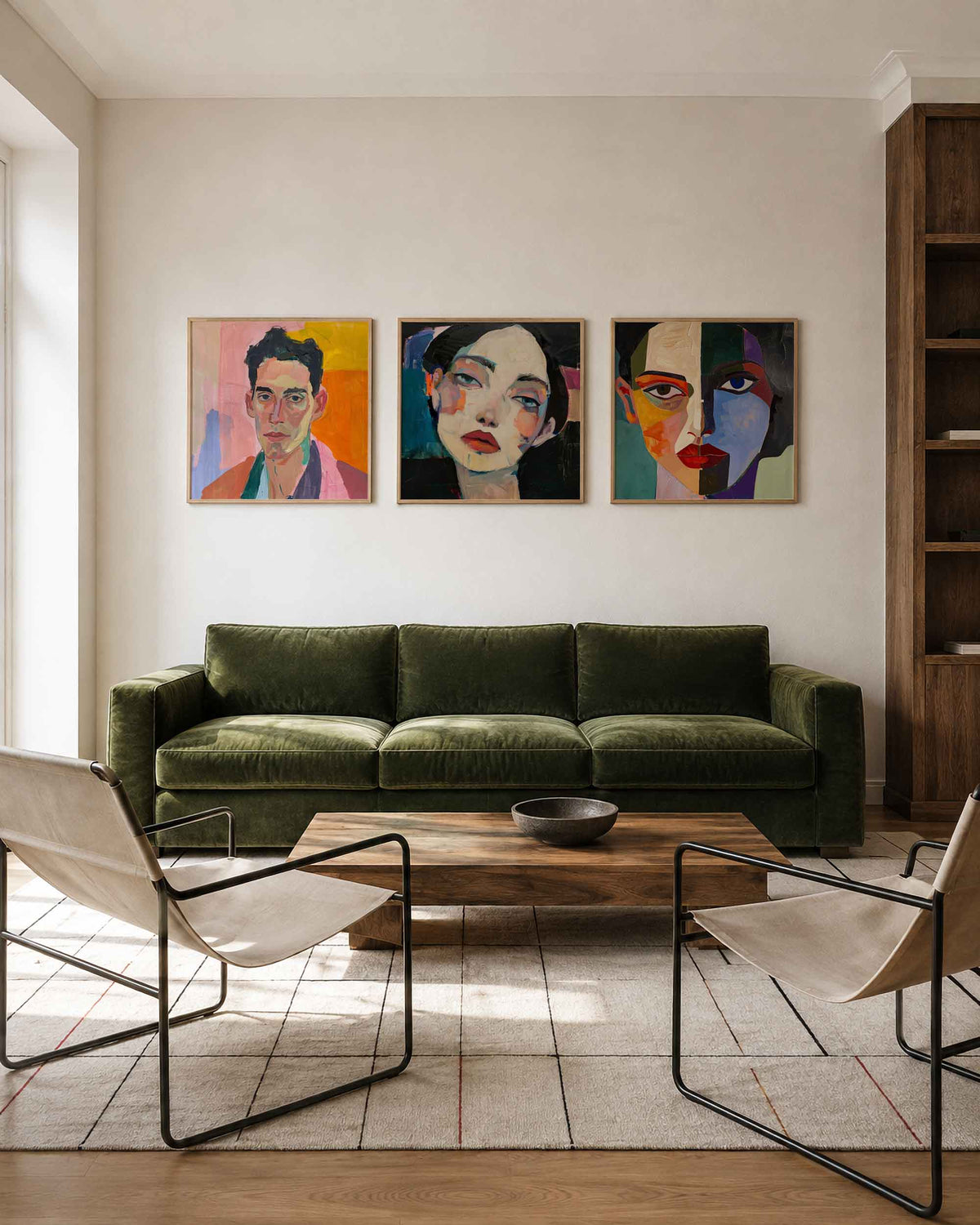 Interieurpresentatie van een driedelige vierkante posterset met kleurrijke portretten