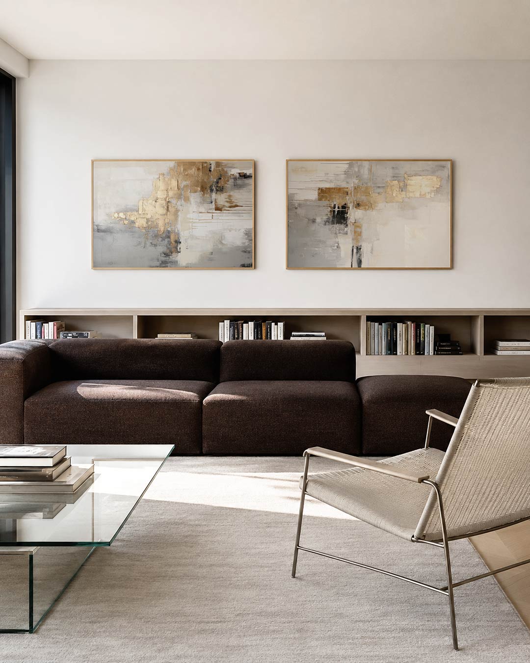 Tweedelige posterset met een spel van gouden en grijze kleurvlakken, getoond in een interieur