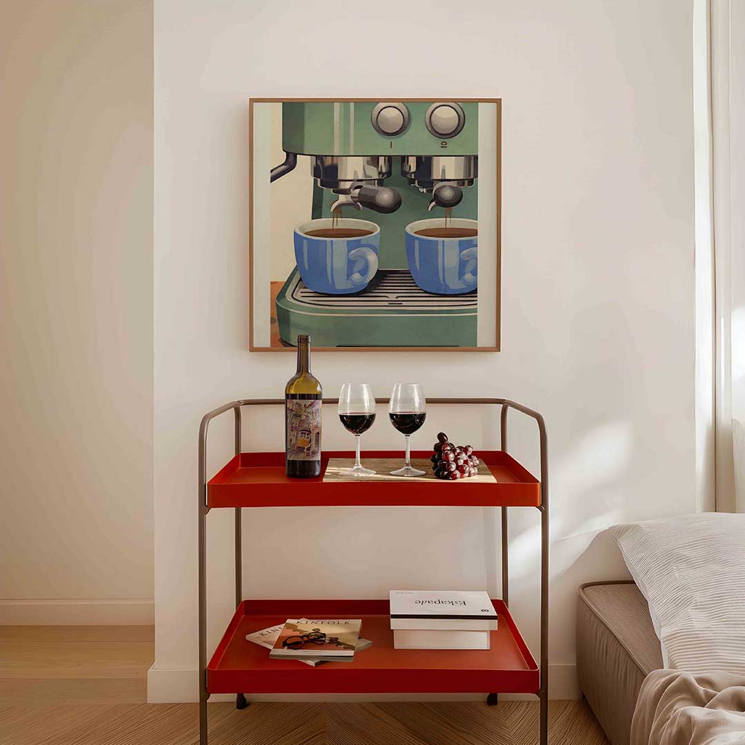Koffiemachine met blauwe kopjes Poster