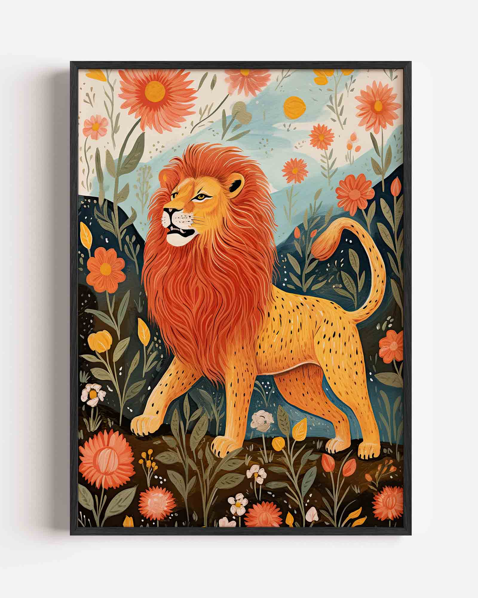 Leeuw tussen bloemen Poster