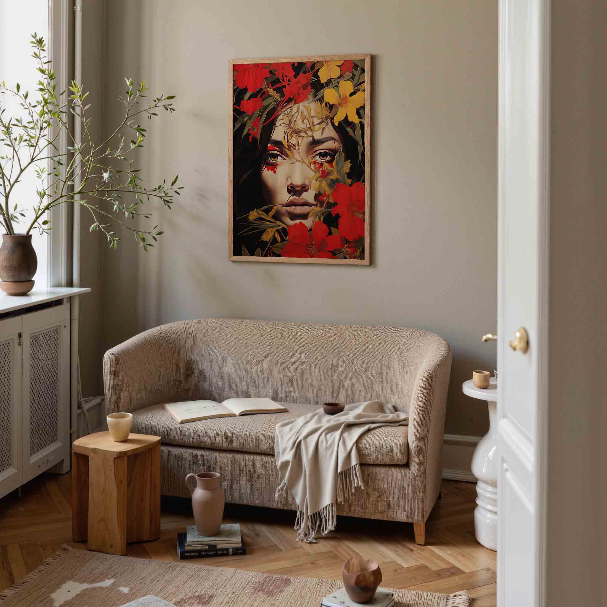 Bloemen en gezicht Poster